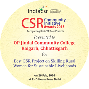 OP Jindal Community College wins IndiaCSR 2015 Award for Best CSR Project on Skilling Rural Women for Sustainable Livelihoods